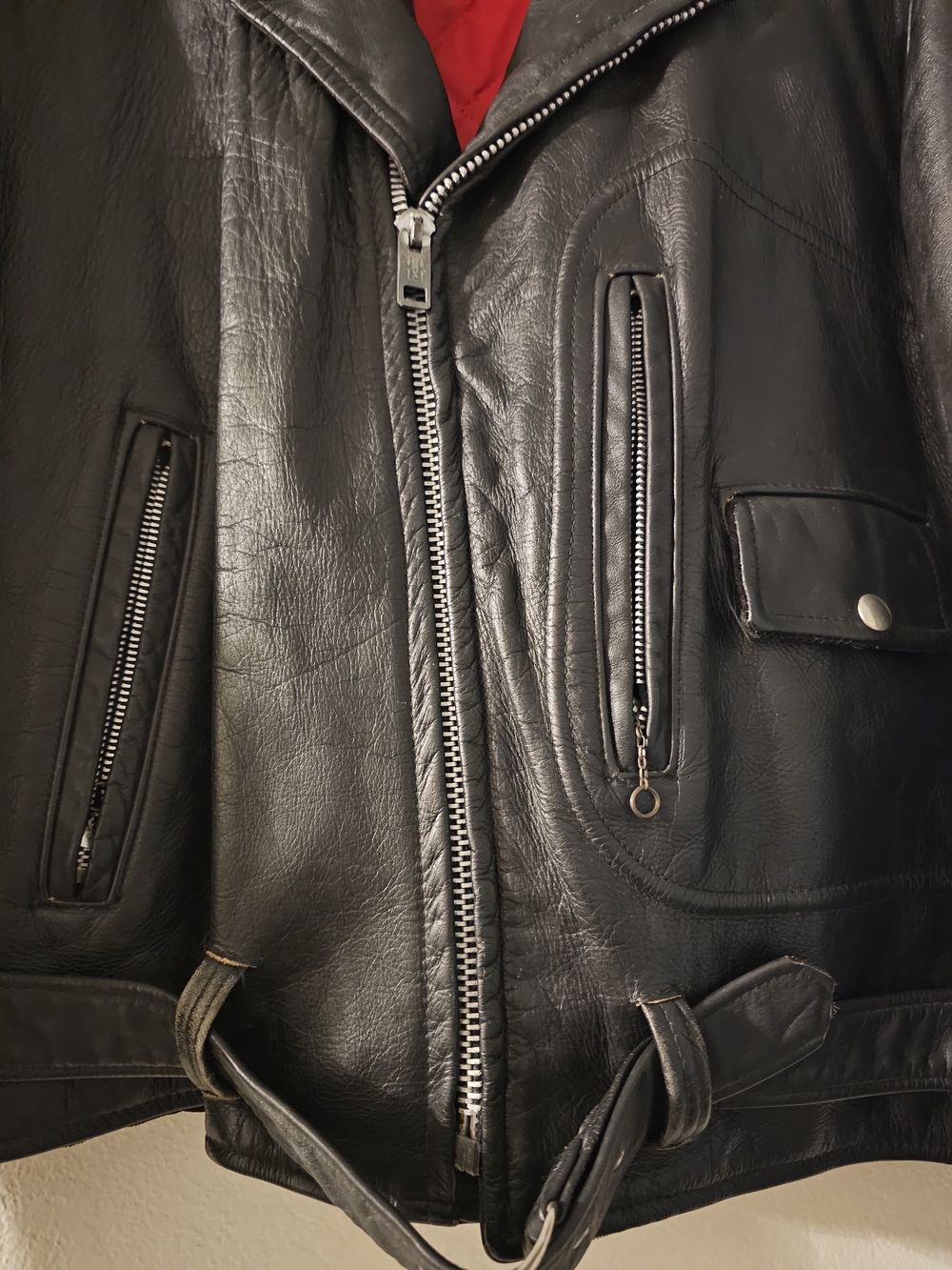 Vimtage Searse  Black Leather Biker Jacket with Red Quilted Lining Size L - Picture 13 of 13